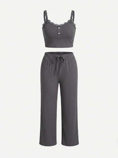 Women’s Ribbed Camisole and Lounge Trousers Set – Relaxed Two-Piece Homewear