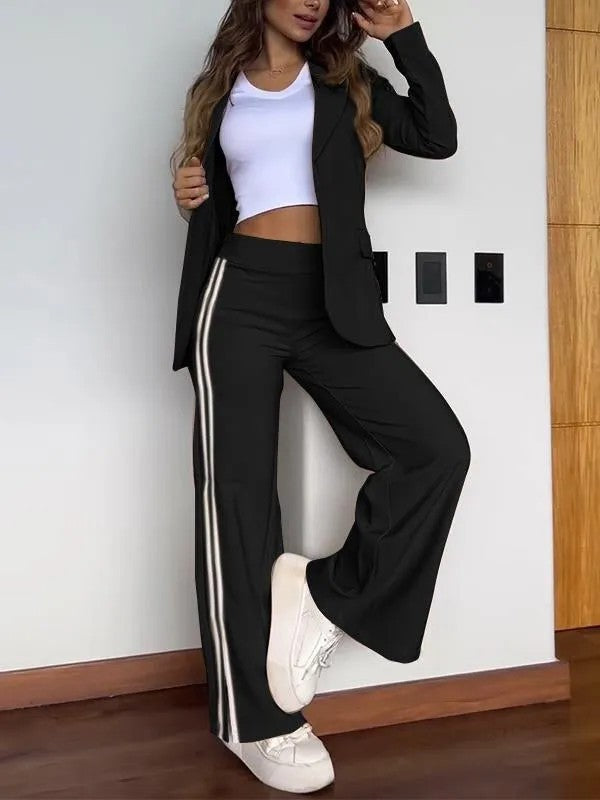Women’s Blazer and Side-Stripe Trouser Set – Relaxed Smart-Casual Two-Piece Outfit
