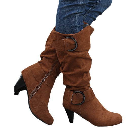 Women's Suede-Look Platform Buckle Knee-High Boots