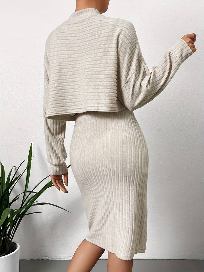 Women’s Ribbed Midi Skirt Two-Piece – Relaxed High-Neck Jumper for Autumn Smart Casual Wear