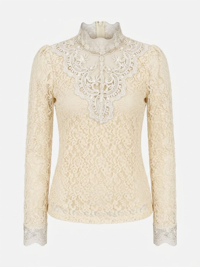 Women’s Embroidered Lace High-Neck Blouse – Sheer Long-Sleeve Style for Elegant Occasions