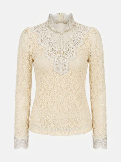 Women’s Embroidered Lace High-Neck Blouse – Sheer Long-Sleeve Style for Elegant Occasions