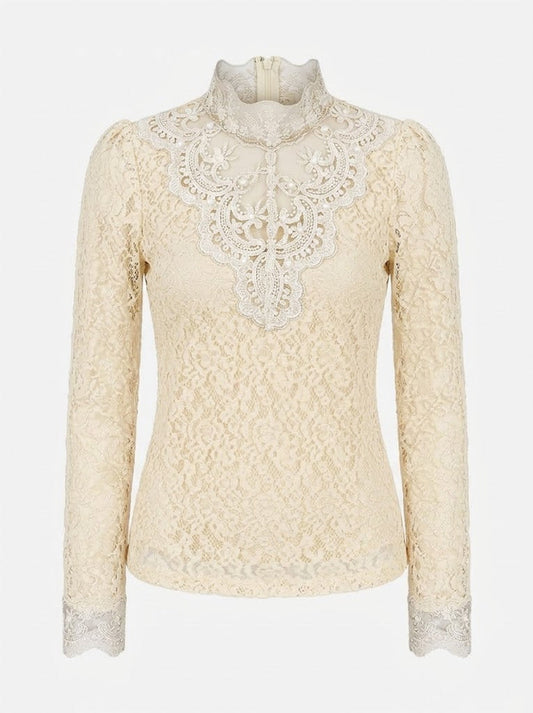 Women’s Embroidered Lace High-Neck Blouse – Sheer Long-Sleeve Style for Elegant Occasions
