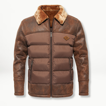 Men’s Leather-Look Panel Puffer Jacket – Plush-Collar Insulated Winter Layer for Smart Casual Cold-Weather Wear