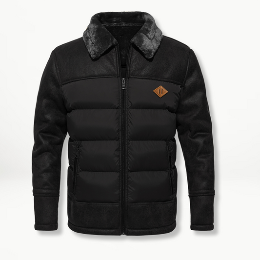 Men’s Leather-Look Panel Puffer Jacket – Plush-Collar Insulated Winter Layer for Smart Casual Cold-Weather Wear