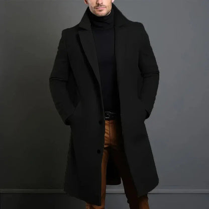 Men’s Longline Tailored Overcoat – Refined Single-Breasted Layer with Notched Lapels