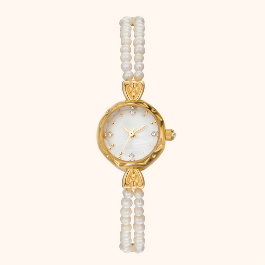 Women’s Natural Pearl Quartz Watch – Gold-Tone Round Dial with Double-Strand Pearl Bracelet for Elegant Occasion Wear