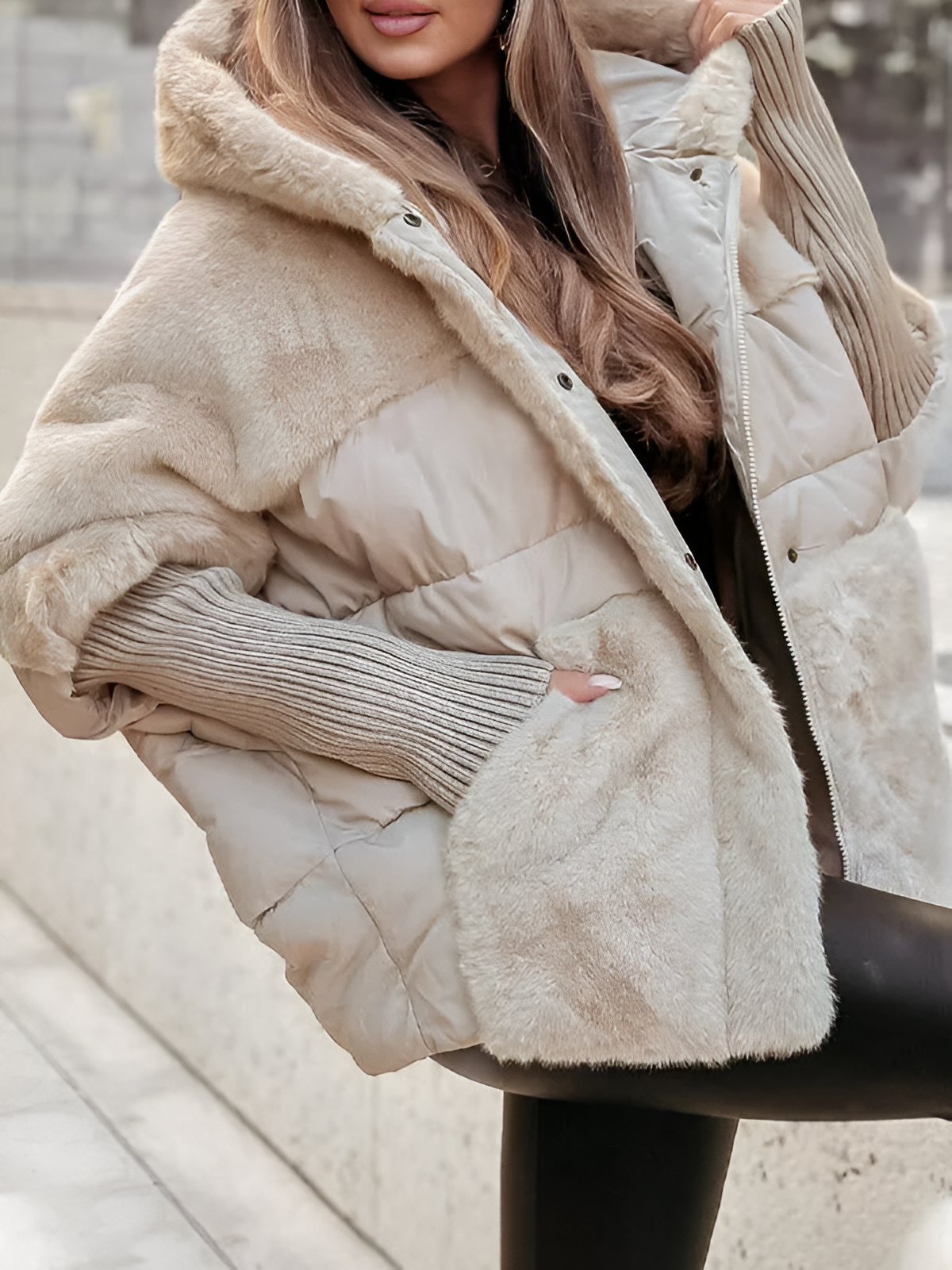 Women’s Oversized Quilted Jacket – Faux Fur Hood with Ribbed Cuffs
