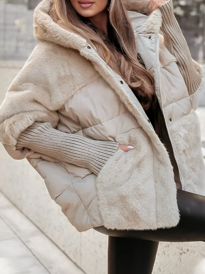 Women’s Oversized Quilted Jacket – Faux Fur Hood with Ribbed Cuffs
