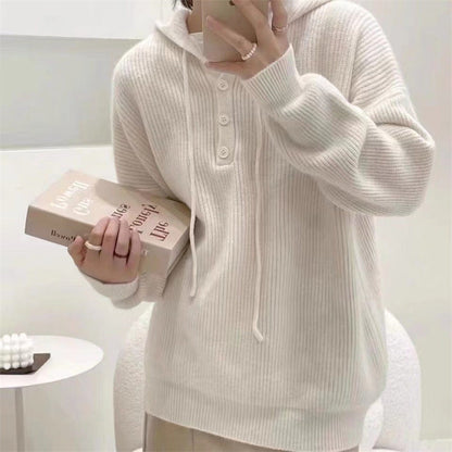 Women’s Hooded Rib-Knit Sweater – Relaxed Button-Neck Pullover for Cosy Everyday Layering