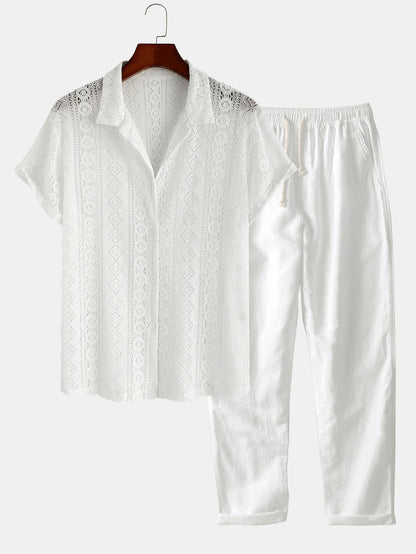 Men’s Cuban Collar Shirt Set with Linen Cotton Straight-Leg Trousers – Holiday Wear