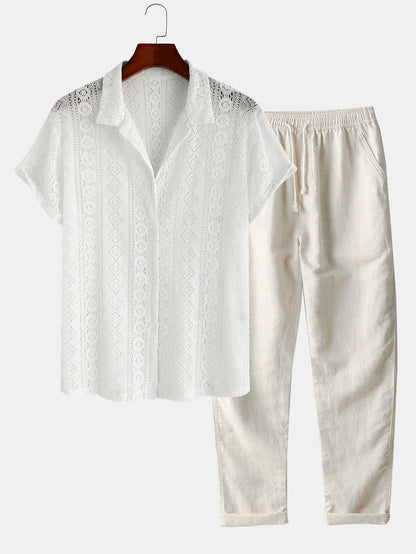 Men’s Cuban Collar Shirt Set with Linen Cotton Straight-Leg Trousers – Holiday Wear