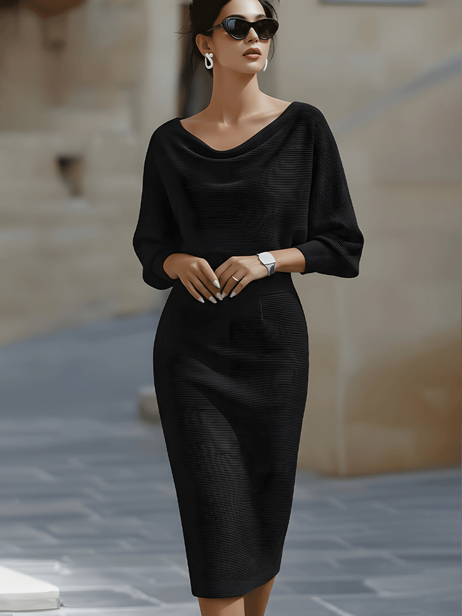Women’s Draped Neck Midi Bodycon Dress – Batwing Sleeve Wedding Guest Style
