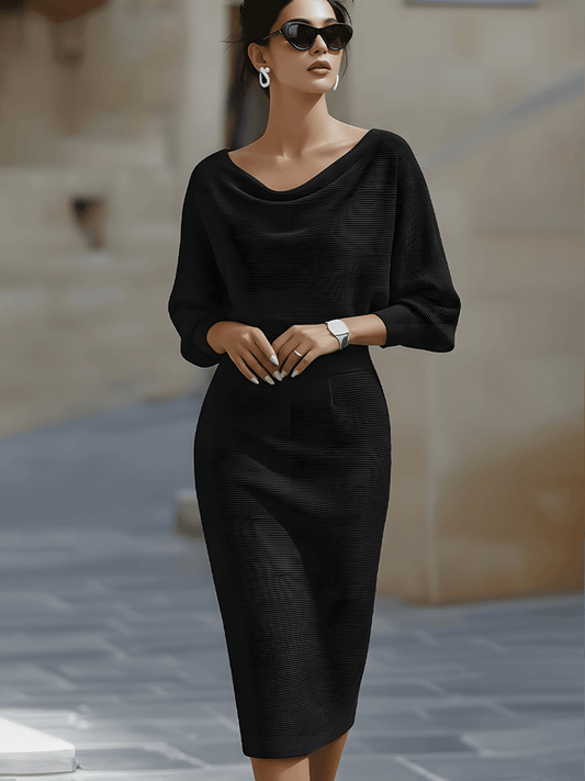 Women’s Draped Neck Midi Bodycon Dress – Batwing Sleeve Wedding Guest Style