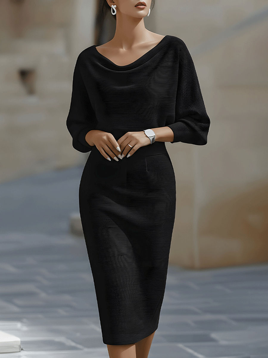Women’s Cocktail Dress – Midi Dress with Cowl Neck and Ruched Waist