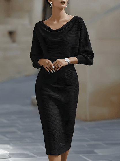 Women’s Cocktail Dress – Midi Dress with Cowl Neck and Ruched Waist