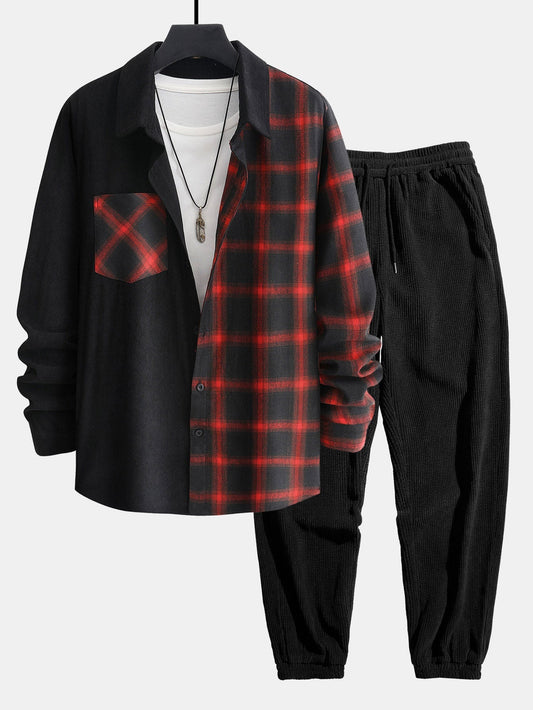 Men’s Corduroy Two-Piece Outfit – Printed Shirt and Drawstring Joggers for Autumn