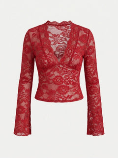 Women’s Stretch Lace V-Neck Top – Flared-Sleeve Evening Style
