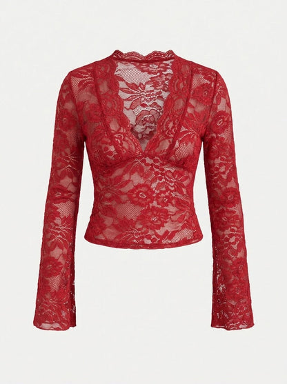 Women’s Stretch Lace V-Neck Top – Flared-Sleeve Evening Style