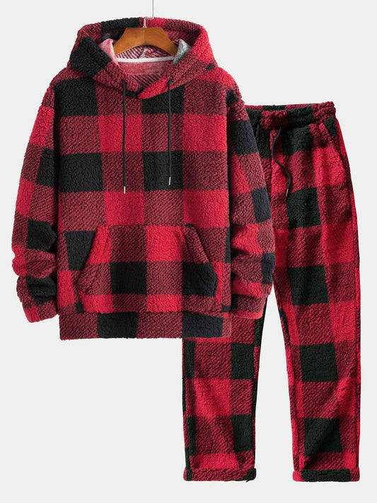 Men’s Checked Teddy Fleece Tracksuit – Hooded Two-Piece Set with Straight-Leg Trousers