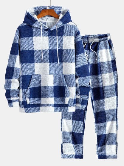 Men’s Checked Teddy Fleece Tracksuit – Hooded Two-Piece Set with Straight-Leg Trousers