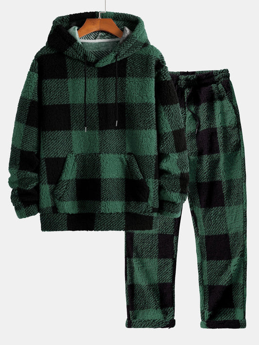 Men’s Checked Teddy Fleece Tracksuit – Hooded Two-Piece Set with Straight-Leg Trousers