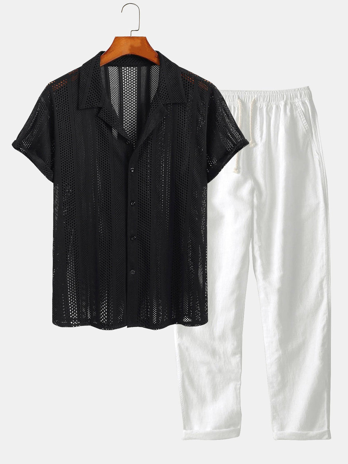 Men’s Airy Mesh Shirt and Linen Blend Trousers – Lightweight Summer Travel Set