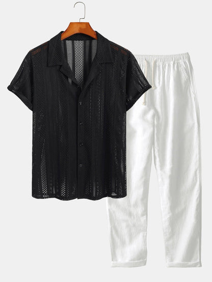 Men’s Airy Mesh Shirt and Linen Blend Trousers – Lightweight Summer Travel Set