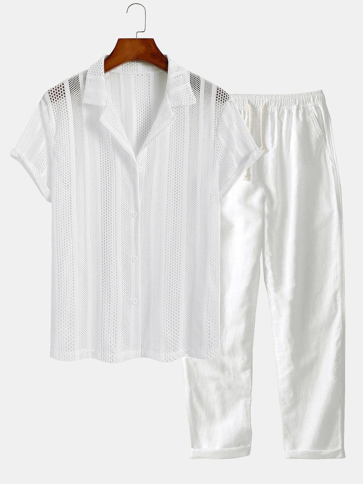 Men’s Airy Mesh Shirt and Linen Blend Trousers – Lightweight Summer Travel Set