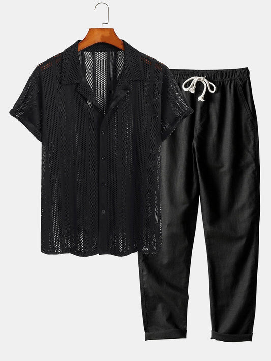 Men’s Airy Mesh Shirt and Linen Blend Trousers – Lightweight Summer Travel Set