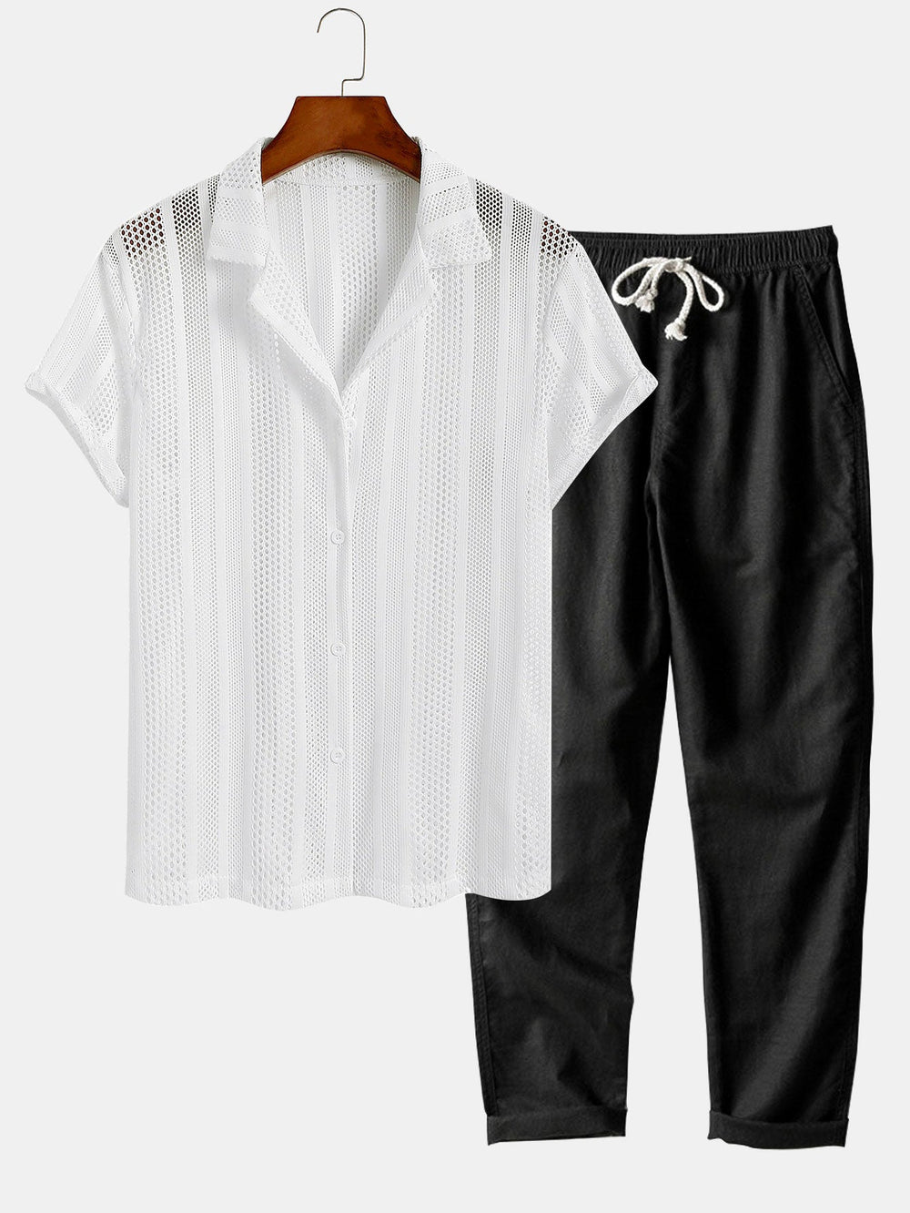 Men’s Airy Mesh Shirt and Linen Blend Trousers – Lightweight Summer Travel Set