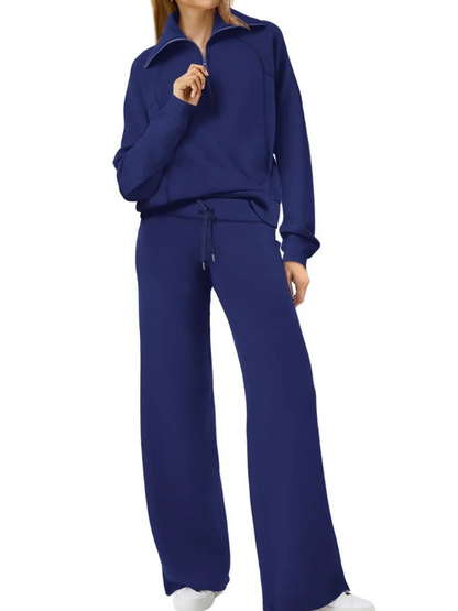 Women’s Half-Zip Leisure Co-Ord – Collared Pullover with Drawstring Wide-Leg Trousers for Casual Wear