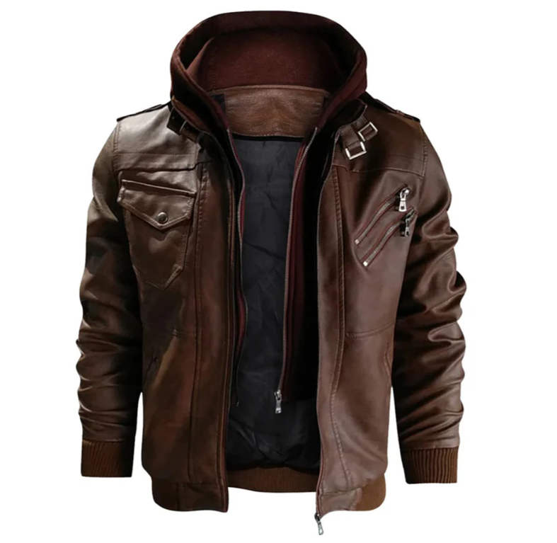 Men’s Hooded Leather Utility Jacket – Multi-Pocket Layer for Everyday Wear