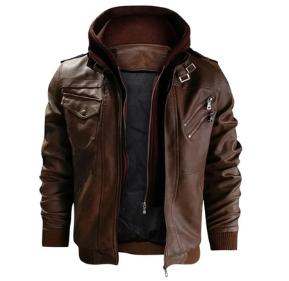 Men’s Hooded Leather Utility Jacket – Multi-Pocket Layer for Everyday Wear