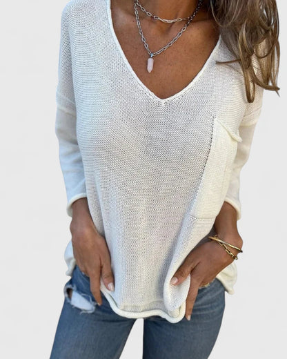 Women’s Knitted Jumper – Deep V-Neck Fine-Knit Jumper with Chest Pocket