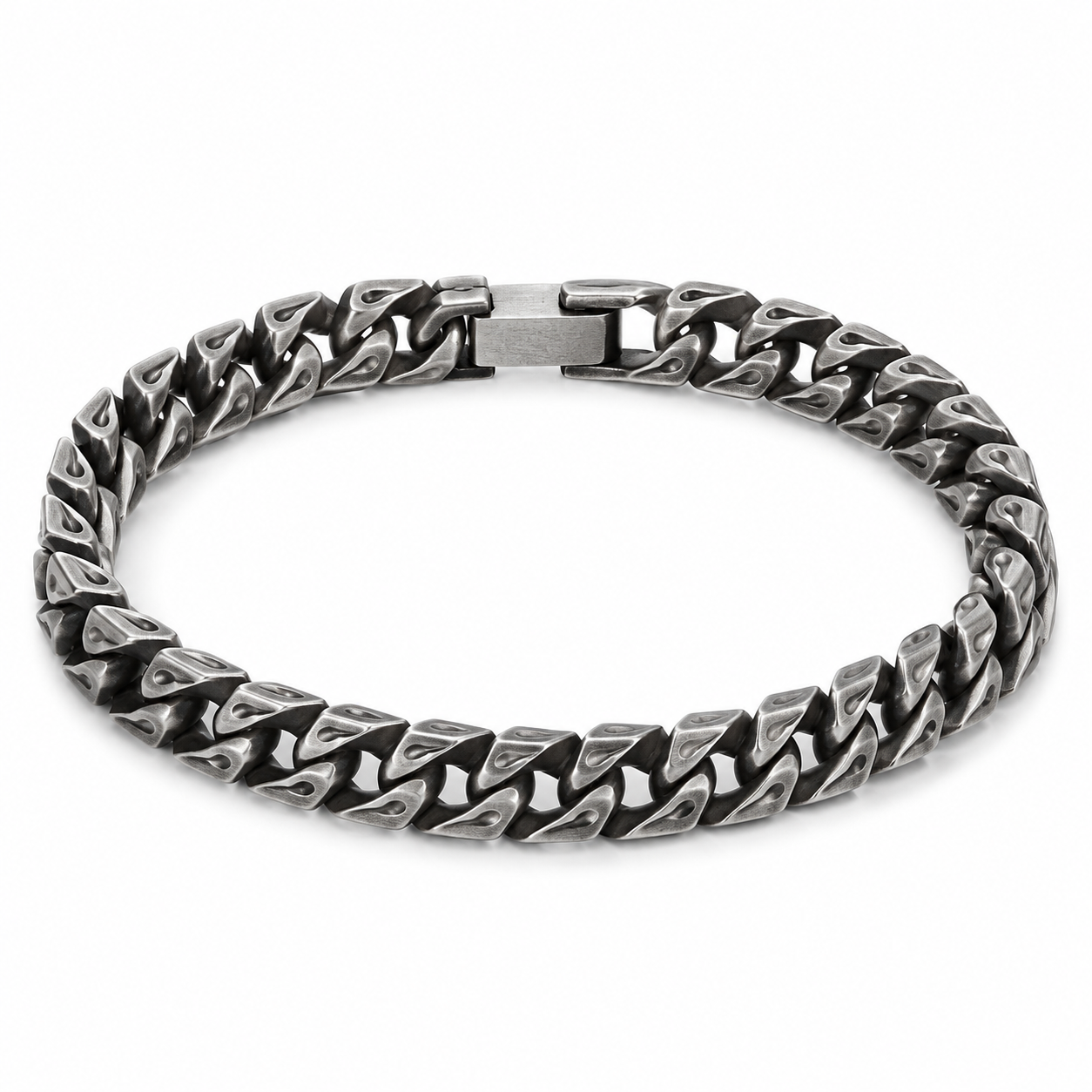 10mm geometric link bracelet in silver tone on white background