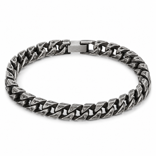 10mm geometric link bracelet in silver tone on white background
