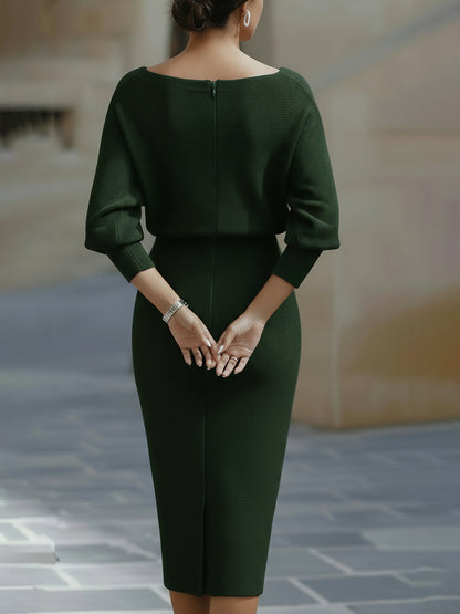 Women’s Bodycon Midi Dress – Draped Neckline Batwing Sleeve Style for Elegant Events