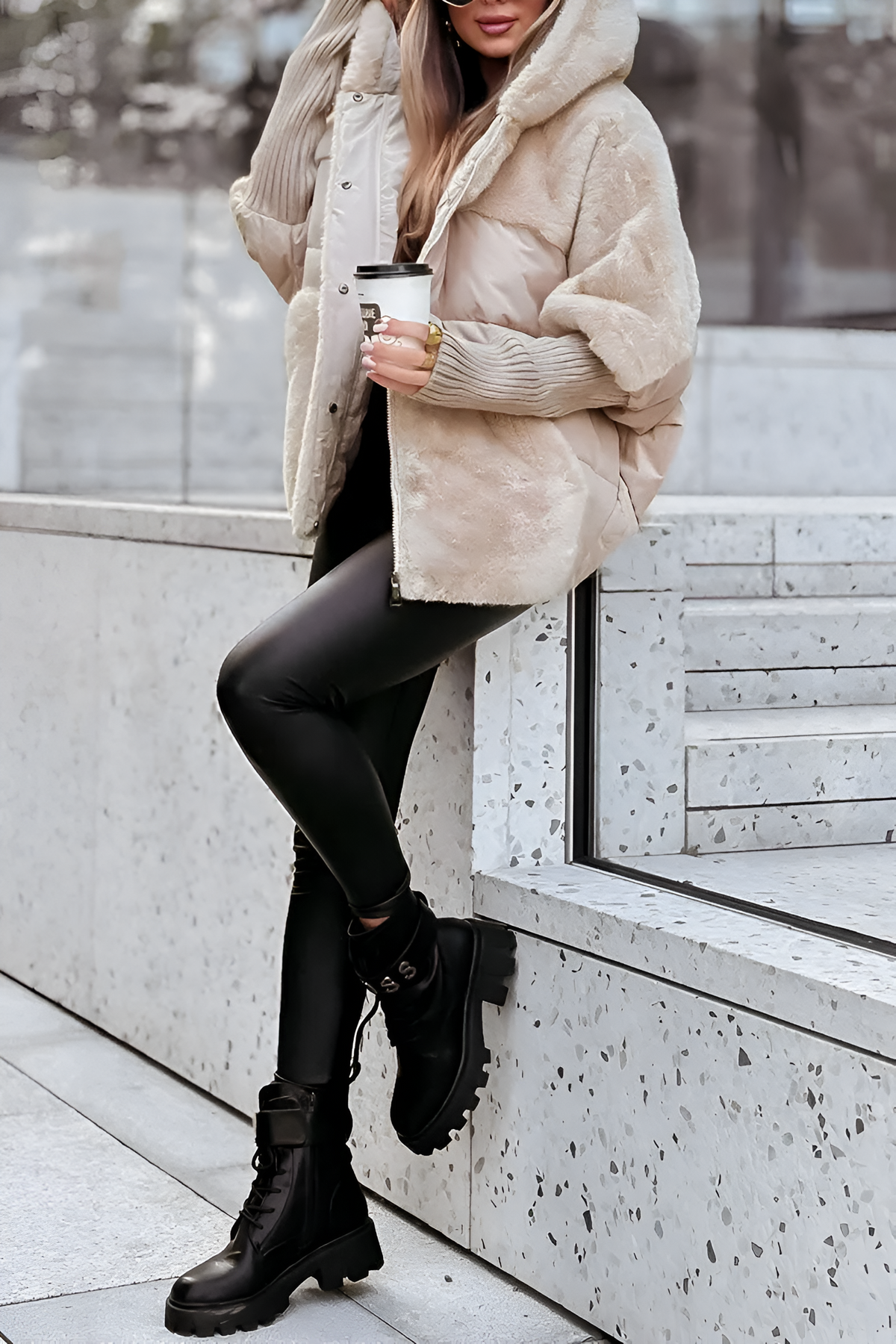Women’s Oversized Quilted Jacket – Faux Fur Hood with Ribbed Cuffs