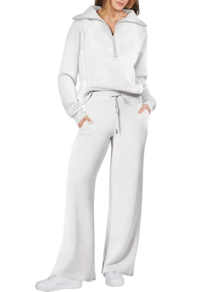 Women’s Half-Zip Leisure Co-Ord – Collared Pullover with Drawstring Wide-Leg Trousers for Casual Wear