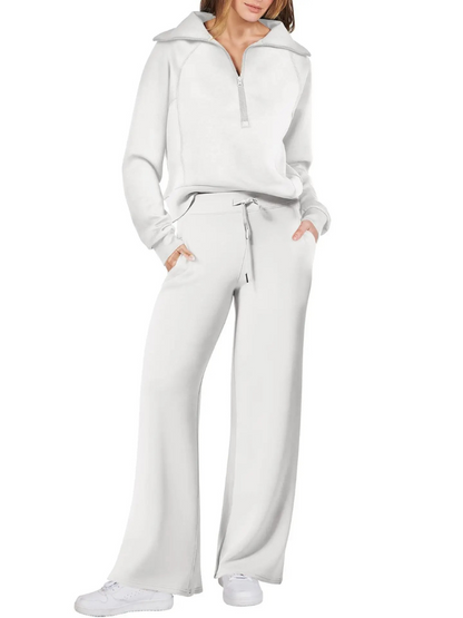 Women’s Half-Zip Leisure Co-Ord – Collared Pullover with Drawstring Wide-Leg Trousers for Casual Wear