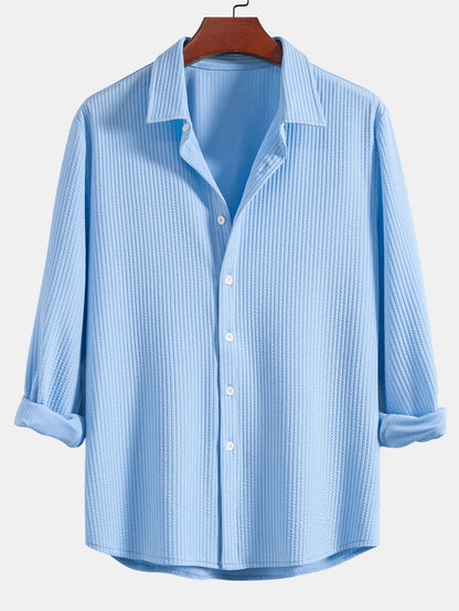 Men’s Muscle-Fit Ribbed Button Shirt – Stretch Textured Smart Casual Top