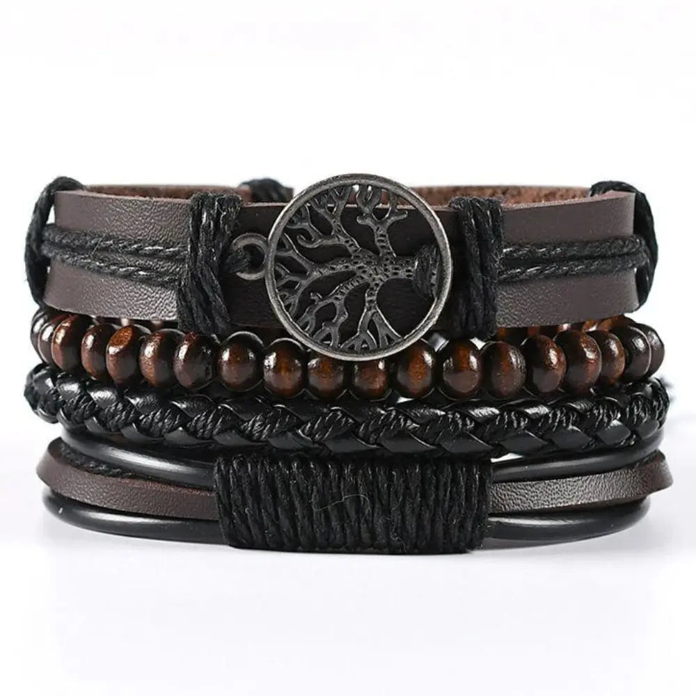 Men’s Braided Leather Wrap Bracelet Set – Layered Beaded Wristwear for Everyday Styling