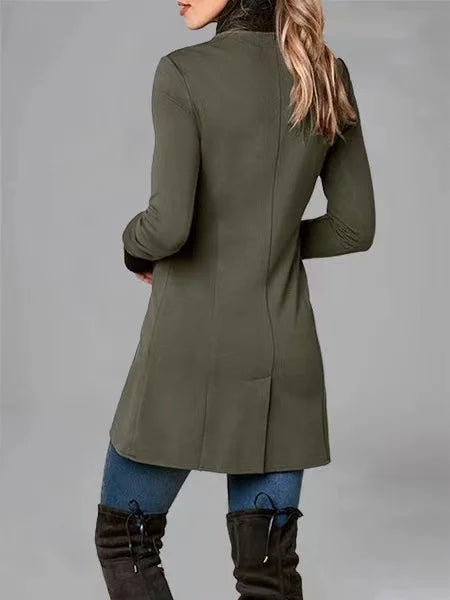 Women’s Asymmetric Button-Front Coat – Tailored Longline Winter Jacket with High Collar and Ribbed Cuffs
