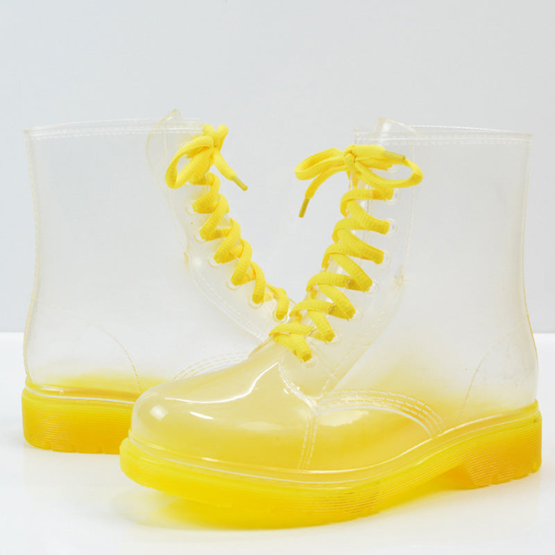 Women’s Transparent Lace-Up Rain Boots – Waterproof PVC Ankle Boots with Non-Slip Sole