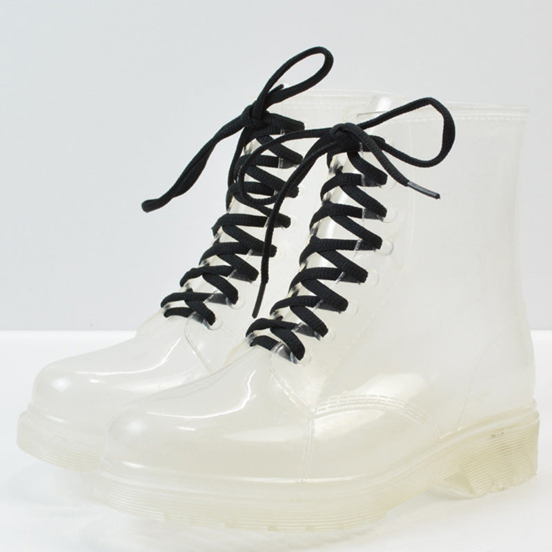 Women’s Transparent Lace-Up Rain Boots – Waterproof PVC Ankle Boots with Non-Slip Sole