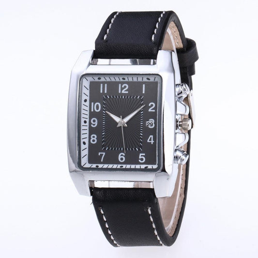Men’s Rectangular Leather-Strap Watch – Refined Date Display Timepiece for Smart Everyday Wear