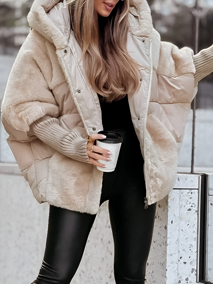 Women’s Oversized Quilted Jacket – Faux Fur Hood with Ribbed Cuffs