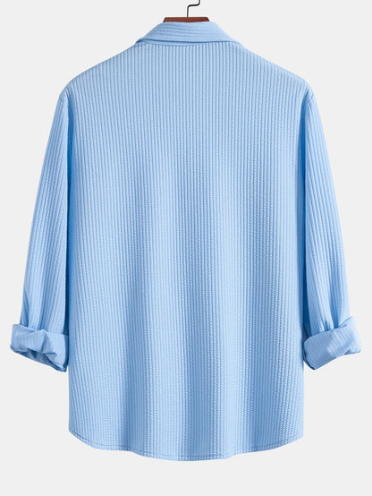 Men’s Muscle-Fit Ribbed Button Shirt – Stretch Textured Smart Casual Top