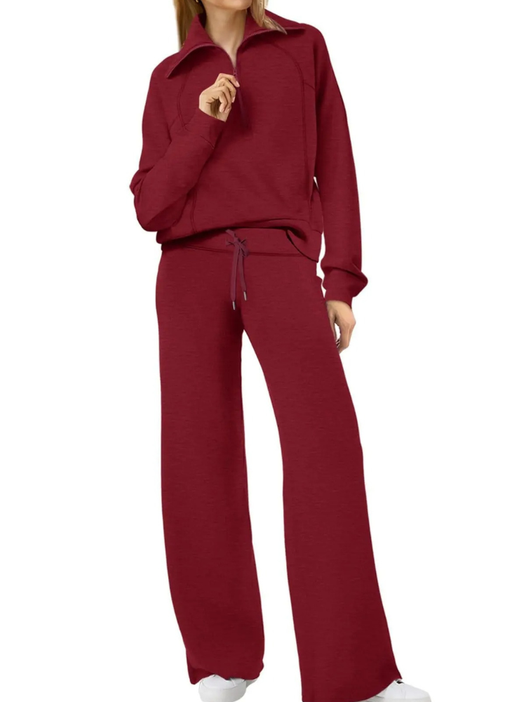 Women’s Half-Zip Leisure Co-Ord – Collared Pullover with Drawstring Wide-Leg Trousers for Casual Wear